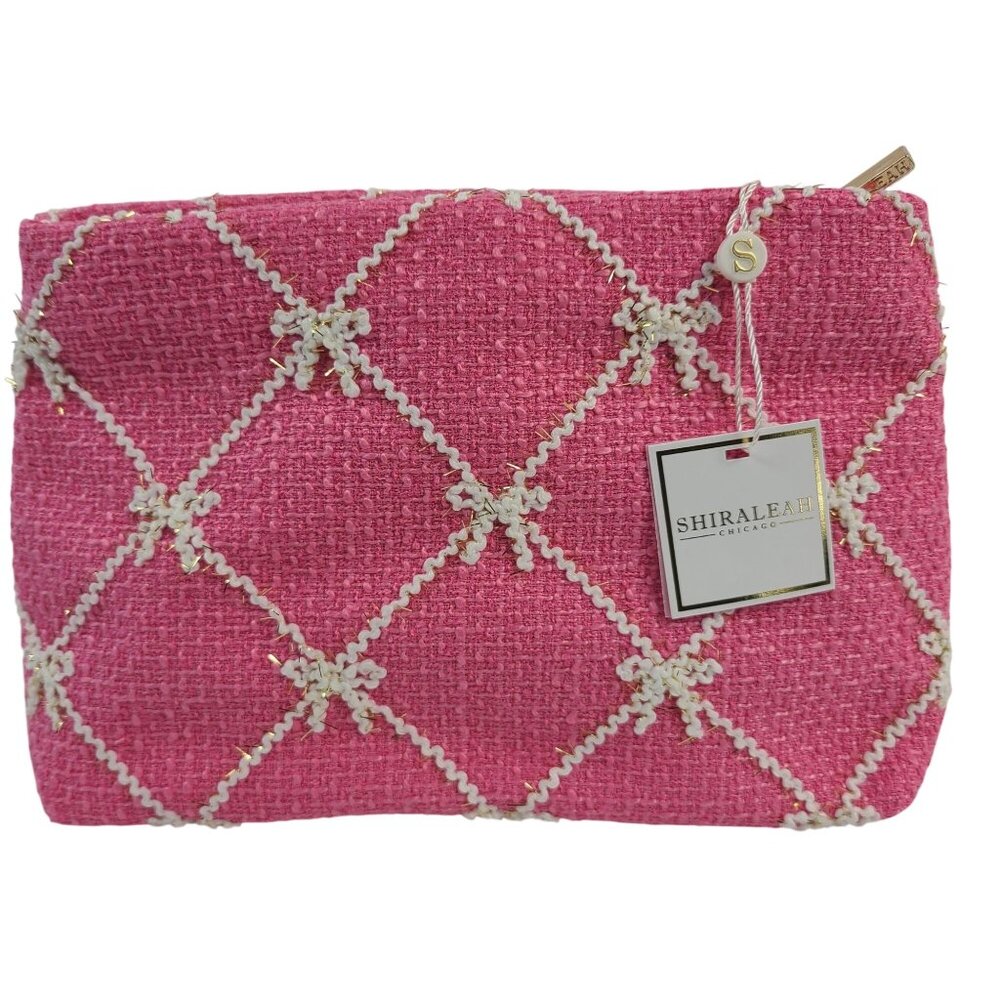 NWT Shiraleah Pink Tinsel Bow Zip Pouch Decorative Quilted Design & Gold Accents
